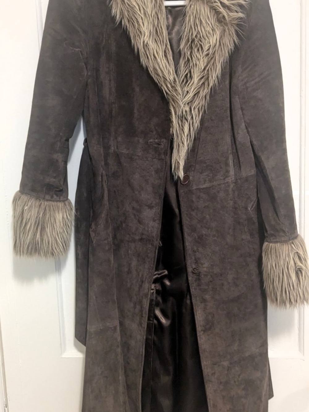Vintage Leather Penny Lane Style Long Coat w/ Fur Trim